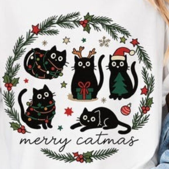 Merry Catmas Shirt, Funny Cat Christmas Tee, Cat Christmas Lights Meowy Tee - Picture 2 of 4